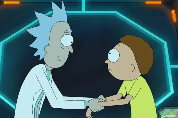 Rick and Morty looking at each other, holding hands