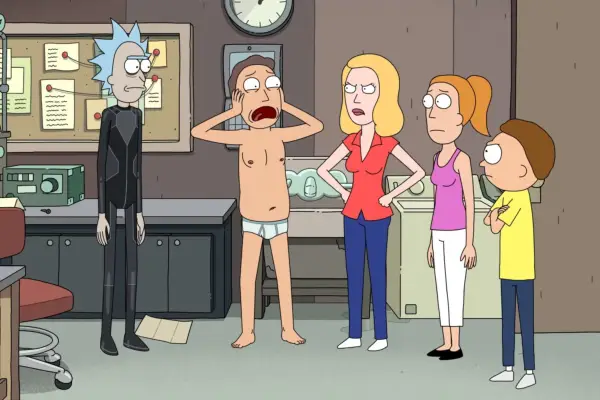 Rick (Justin Roiland), Jerry (Chris Parnell), Beth (Sarah Chalke), Summer (Spencer Grammer) and Morty (Roiland) in season 6 episode 8.