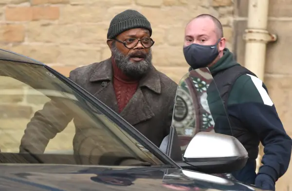 Samuel L Jackson seen on set during filming of the Marvel Disney Plus series Secret Invasion at The Piece Hall on January 26, 2022 in Halifax, England. (