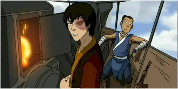 Zuko and Sokka travel by war balloon to the Boiling Rock.