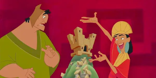 Kuzco presenting his plan to Pacha