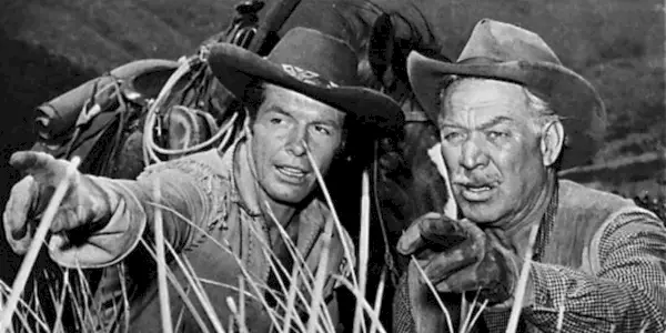 Flint McCullough (Robert Horton) and Major Seth Adams (Ward Bond) on 