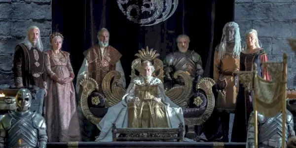 Jaehaerys sits with his descendants posed around him in House of the Dragon