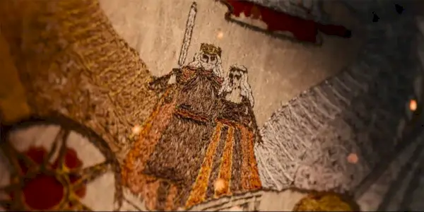 Old Jaehaerys with his family at the Great Council in a sewn tapestry from the House of the Dragon Season 2 credits