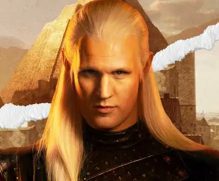 Matt Smith as Daemon Targaryen with a background image of Braavos and Mereen