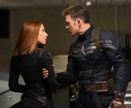 Captain America holding Black Widow by the arm in Captain America: The Winter Soldier.