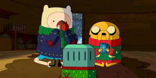 Fin and Jake sit around BMO as they watch Ice King