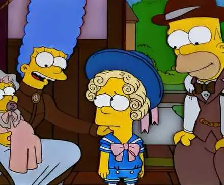 The Simpsons with a dressed up Bart with golden curls in 