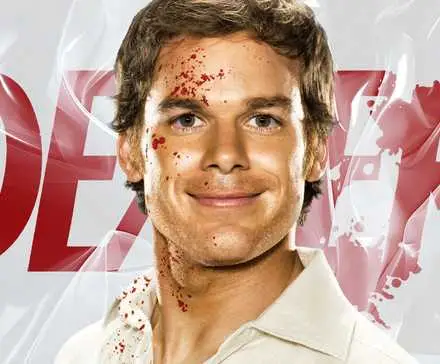 Custom image of Dexter smiling with blood on his face in front of plastic tarp with the title Dexter