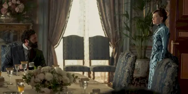 George (Morgan Spector) and Bertha (Carrie Coon) arguing in The Gilded Age Season 3