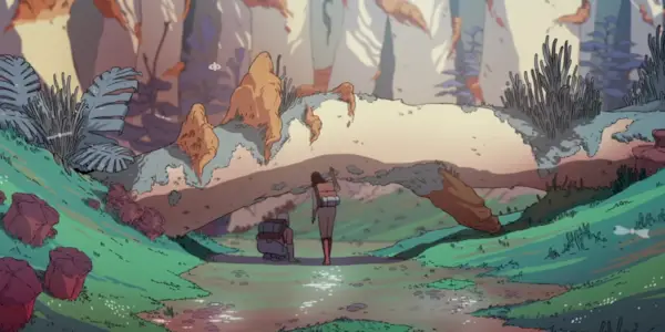 Two people explore a planet in Scavengers Reign