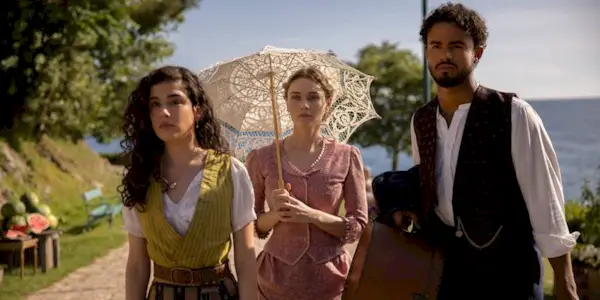 Matthew Broome, Imogen Waterhouse, and Grace Ambrose in The Buccaneers Season 2.