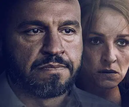 Dar Salim and Sonja Richter in a cropped poster for Loving Adults