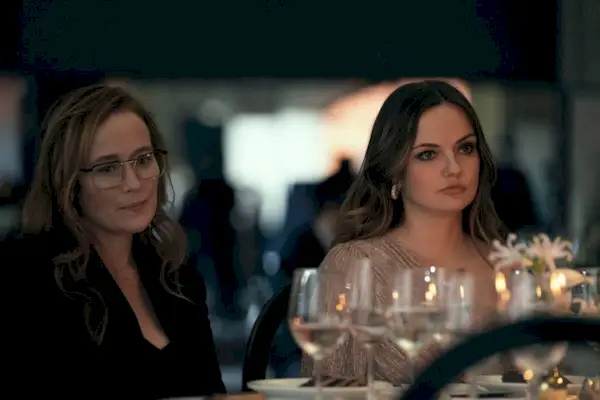 Jennifer Ehle as Rebecca and Emily Meade as Susan at dinner in Dead Ringers