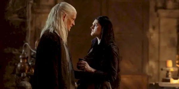 Matt Smith as Daemon talking to Gayle Rankin as Alys handing him a cup in House of the Dragon Season 2 Episode 4.