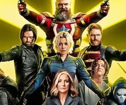 The cast of Thunderbolts* pose with an asterisk in the background on a poster.