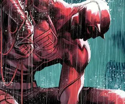Close-up of Daredevil sad in the rain in Marvel Comics