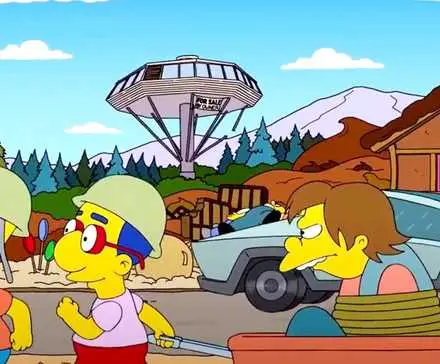 Bart leads the way in a torn down town in The Simpsons Treehouse of Horror XXXIII Simpsonworld. 