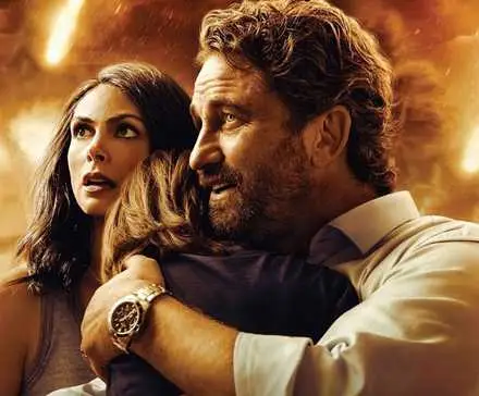 Morena Baccarin and Gerard Butler on the poster for Greenland with orange explosions behind them.
