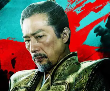 Hiroyuki Sanada from Shogun against a cyan and red background in a custom image