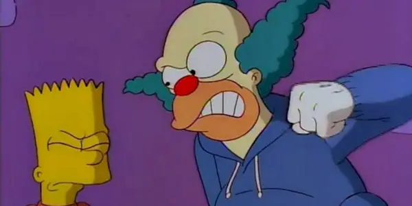 Krusty the Clown raises his fist against Barts on 