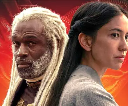 Steve Toussaint as Corlys Velaryon and Sonoya Mizuno as Mysaria back to back in a custom image for House of the Dragon