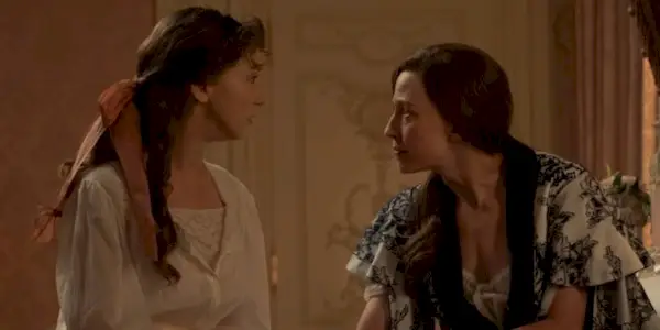 Carrie Coon and Bertha Russell and Taissa Farmiga as Gladys in The Gilded Age Season 3