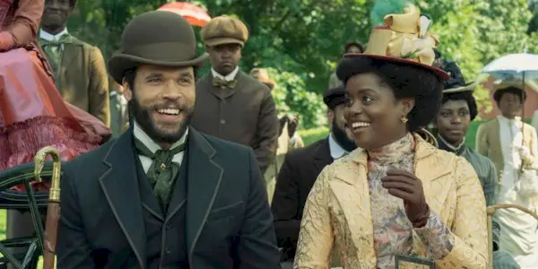 Peggy (Denée Benton) and William (Jordan Donica) laughing in The Gilded Age Season 3 Episode 5