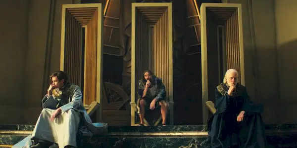 Cassian Bilton as Dawn, Lee Pace as Day, and Terrance Mann as Dusk in Foundation Season 3