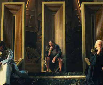 Cassian Bilton as Dawn, Lee Pace as Day, and Terrance Mann as Dusk in Foundation Season 3