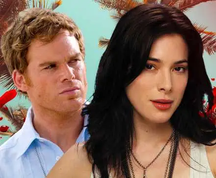 Custom image of Dexter and Lila against a bloody Miami background