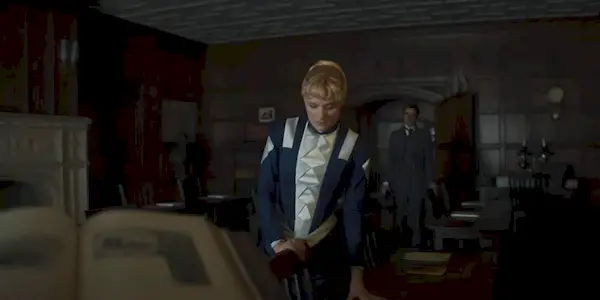 Larry (Harry Richardson) visits Marian (Louisa Jacobson) at work in The Gilded Age Season 3 Episode 7