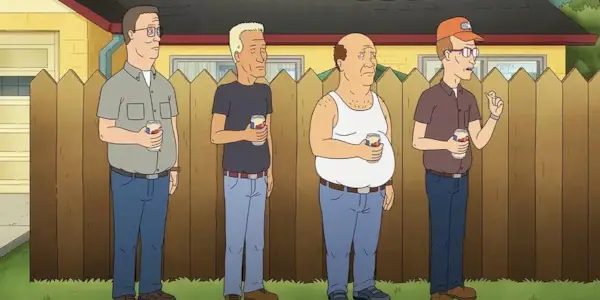 Hank, Boomhauer, Bill, and Dale in the alley, drinking beers in King of the Hill.