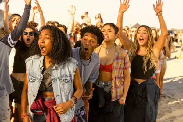 Sarah Greene, Eva Birthistle, Sharon Horgan and Eve Hewson in Bad Sisters, stood outside in the dark together