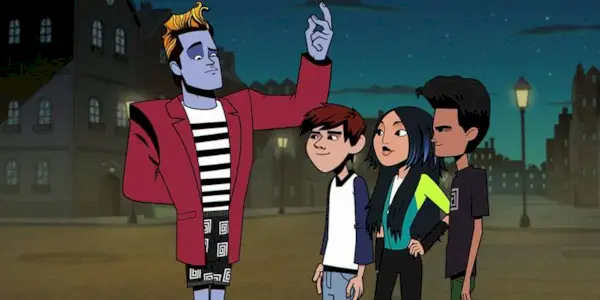 Kai, Mira, and Adam wit the Weird Guy