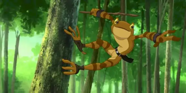 Darel the frog jumping from tree to tree in the show Kulipari.