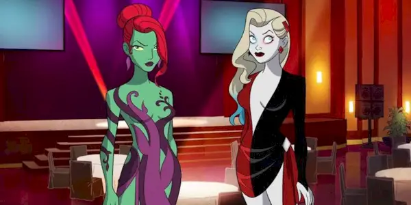 Poison Ivy and Harley Quinn in party dresses in Harley Quinn.