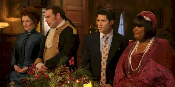 Rebecca Wisocky as Hetty, Brandon Scott Jones as Isaac, Asher Grodman as Trevor, and Danielle Pinnock as Alberta in Ghosts Season 4 Episode 9