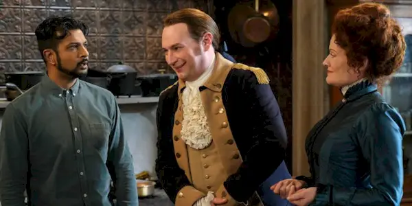 Utkarsh Ambudkar as Jay, Brandon Scott Jones as Isaac, and Rebecca Wisocky as Hetty in Ghosts Season 4 Episode 9