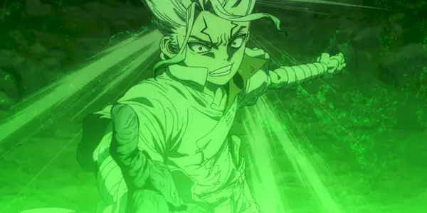 A green light enveloping Senku un Dr. Stone.