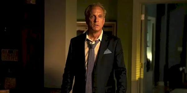 Howard (Patrick Fabian) from Better Call Saul looking disheveled and stunned, standing in Jimmy