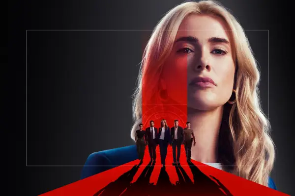 Melissa Roxburgh in The Hunting Party. Her face is superimposed over five characters walking along a red pathway.